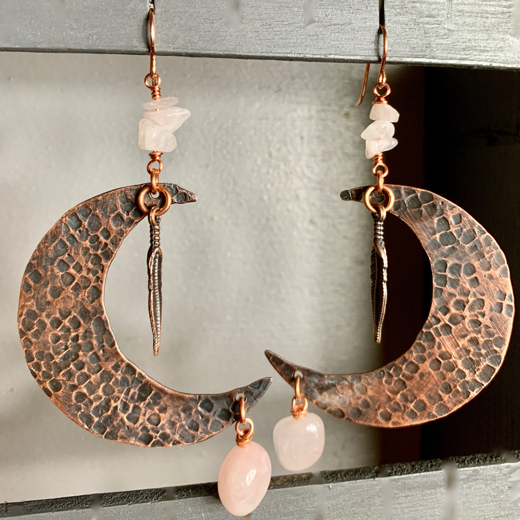 Copper Half Moon and Rose Quartz Earrings